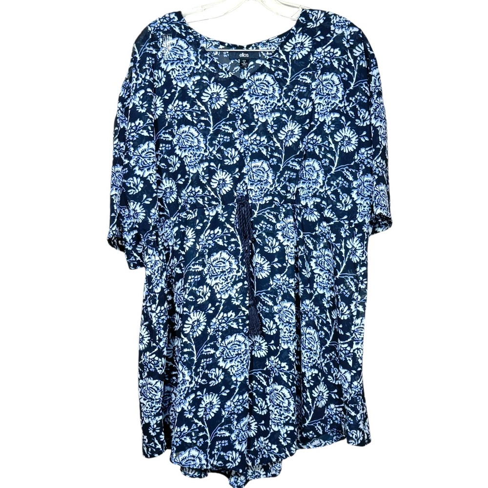 Ellos Beach Cover Up M Navy Black V-Neck Sleeves Drawstring Pool Summer Floral